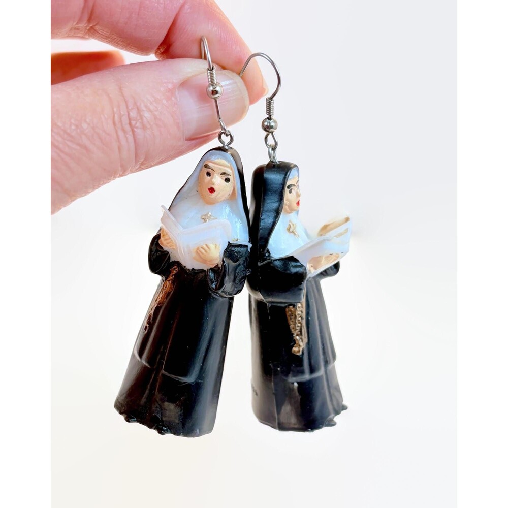 Nun Earrings, Unique, Vintage, Plastic, 3" Long, Black, White, Fun